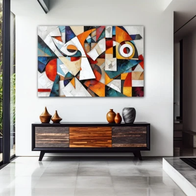 Wall Art titled: Fragmented Harmony in a  format with: white, Orange, and Vivid Colors; Decoration the Entryway wall