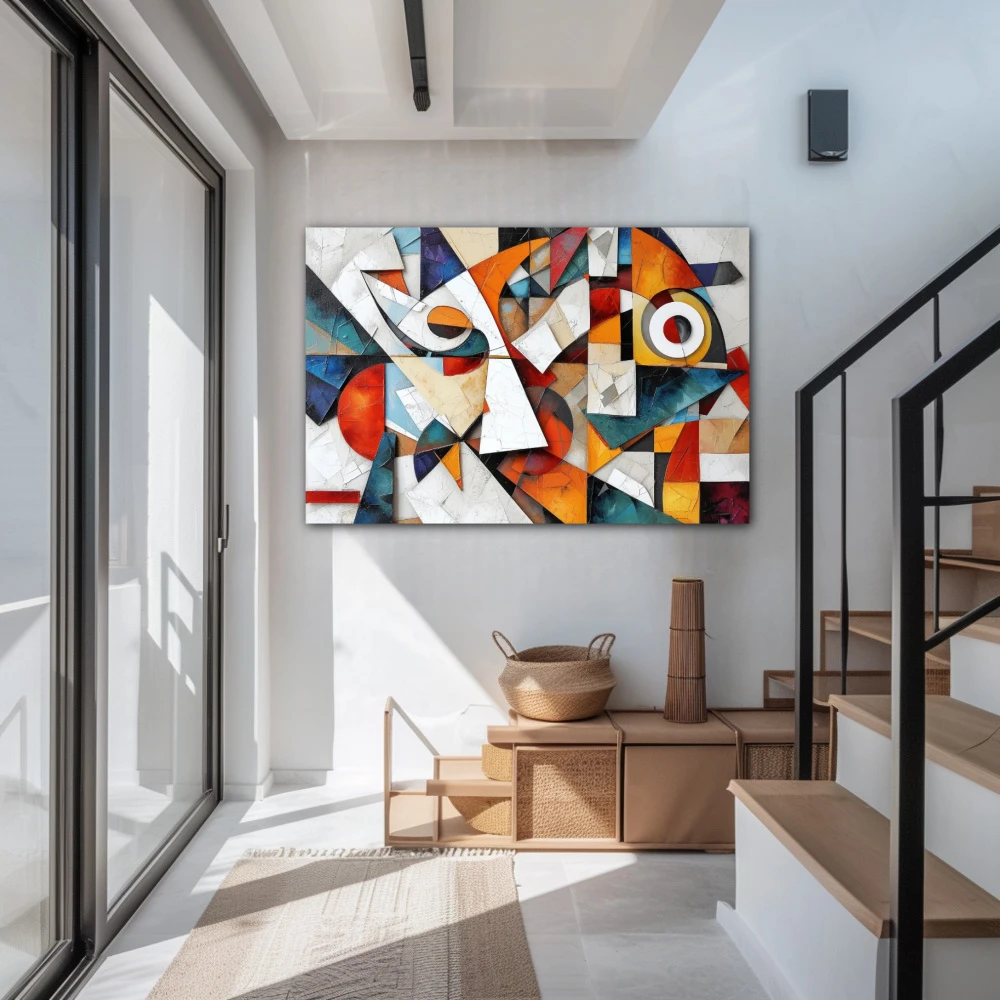 Wall Art titled: Fragmented Harmony in a Horizontal format with: white, Orange, and Vivid Colors; Decoration the Staircase wall