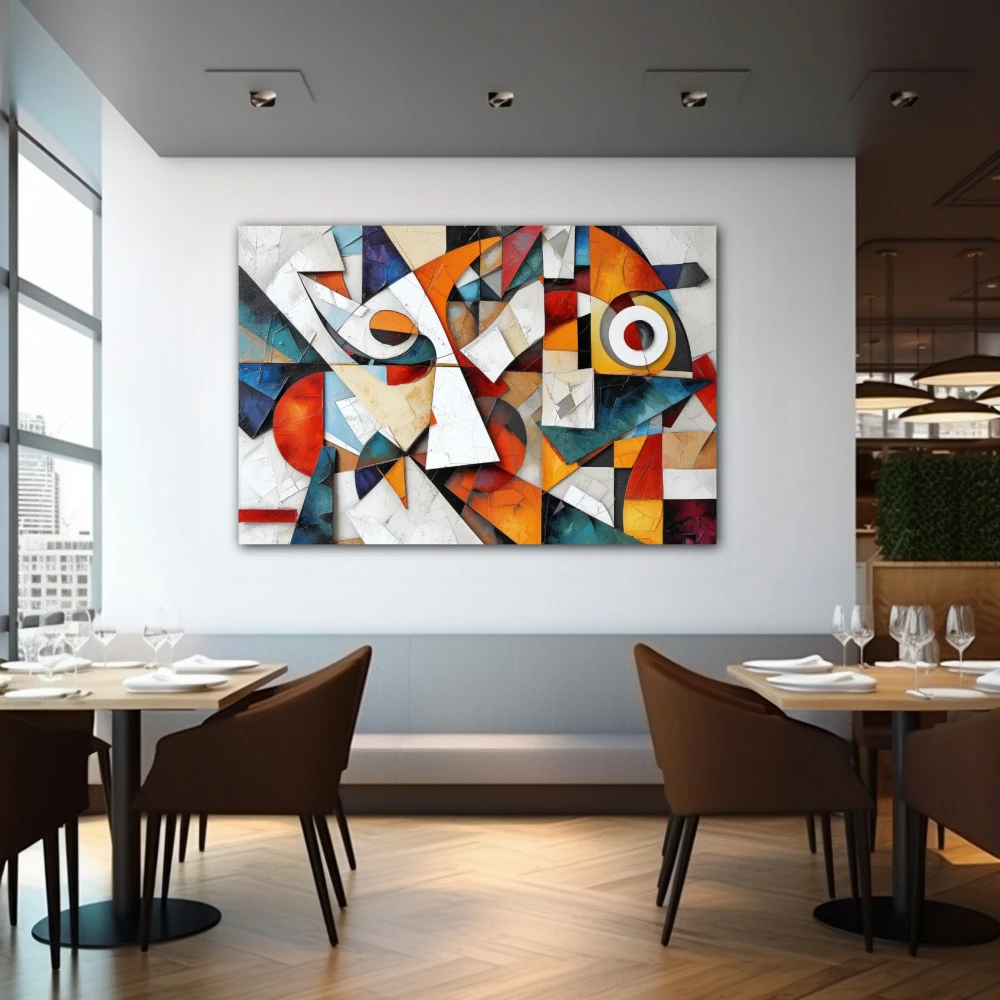 Wall Art titled: Fragmented Harmony in a Horizontal format with: white, Orange, and Vivid Colors; Decoration the Restaurant wall