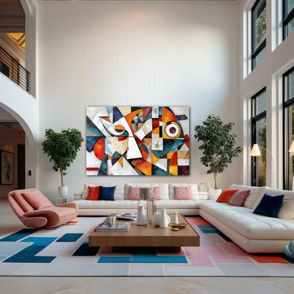 Wall Art titled: Fragmented Harmony in a Horizontal format with: white, Orange, and Vivid Colors; Decoration the Living Room wall