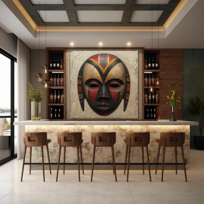 Wall Art titled: Behind the Mask in a  format with: Grey, Brown, and Red Colors; Decoration the Bar wall