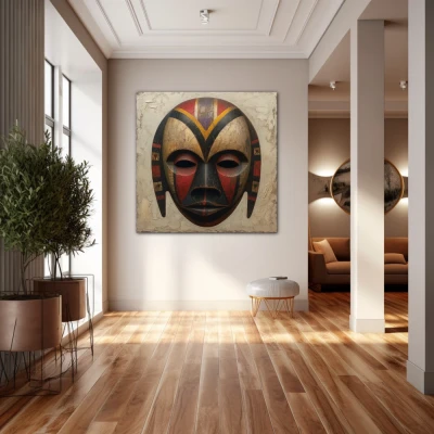 Wall Art titled: Behind the Mask in a  format with: Grey, Brown, and Red Colors; Decoration the Hallway wall