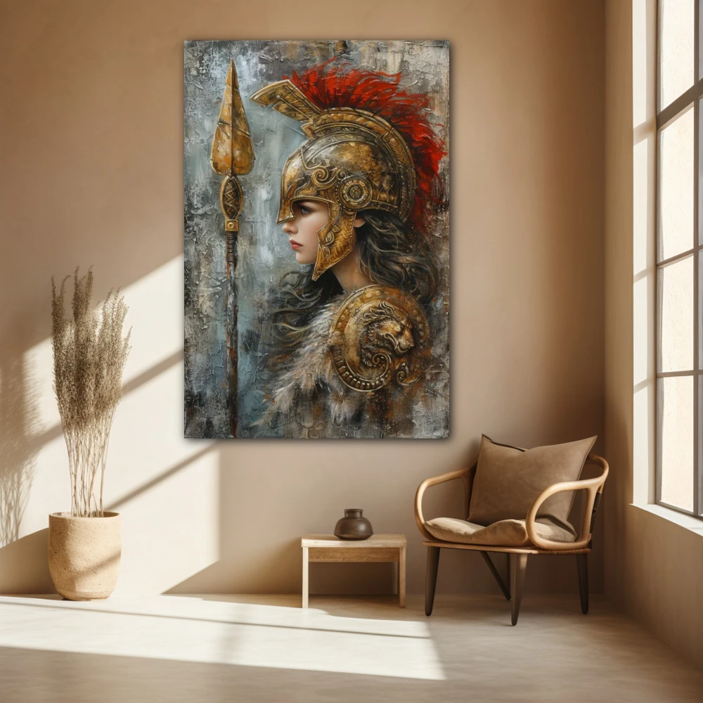 Wall Art titled: Steel and Elegance in a Vertical format with: Golden, Grey, and Red Colors; Decoration the Beige Wall wall