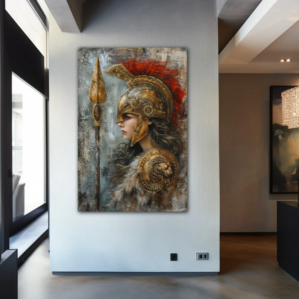 Wall Art titled: Steel and Elegance in a Vertical format with: Golden, Grey, and Red Colors; Decoration the Entryway wall