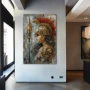 Wall Art titled: Steel and Elegance in a Vertical format with: Golden, Grey, and Red Colors; Decoration the Entryway wall