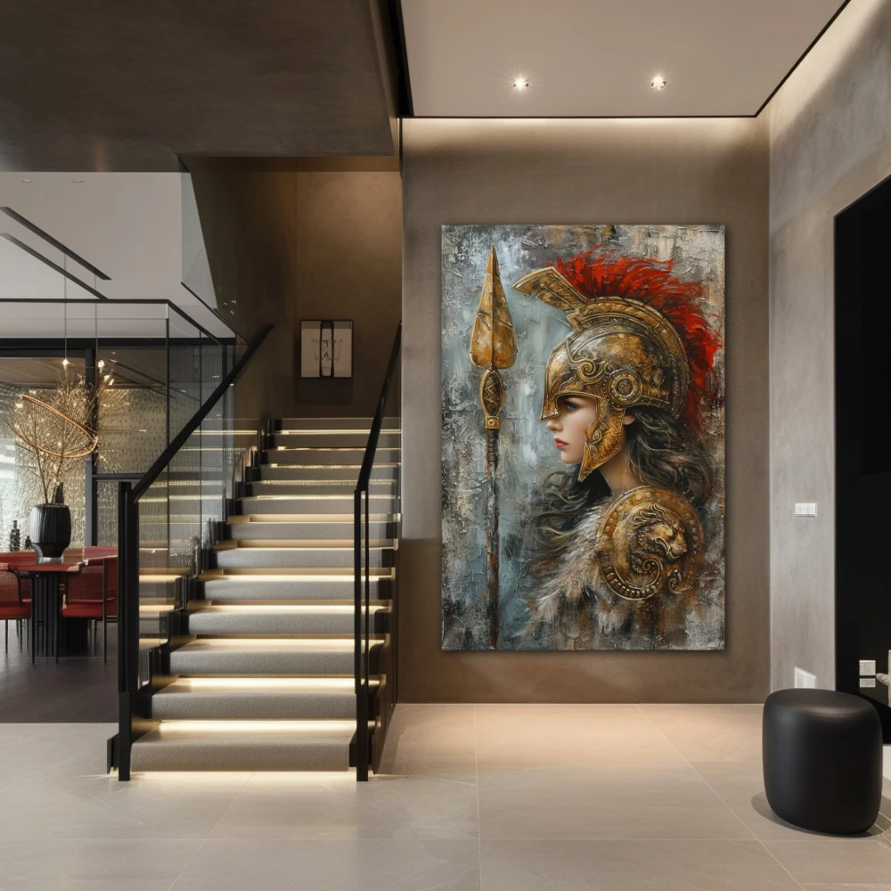 Wall Art titled: Steel and Elegance in a Vertical format with: Golden, Grey, and Red Colors; Decoration the Staircase wall