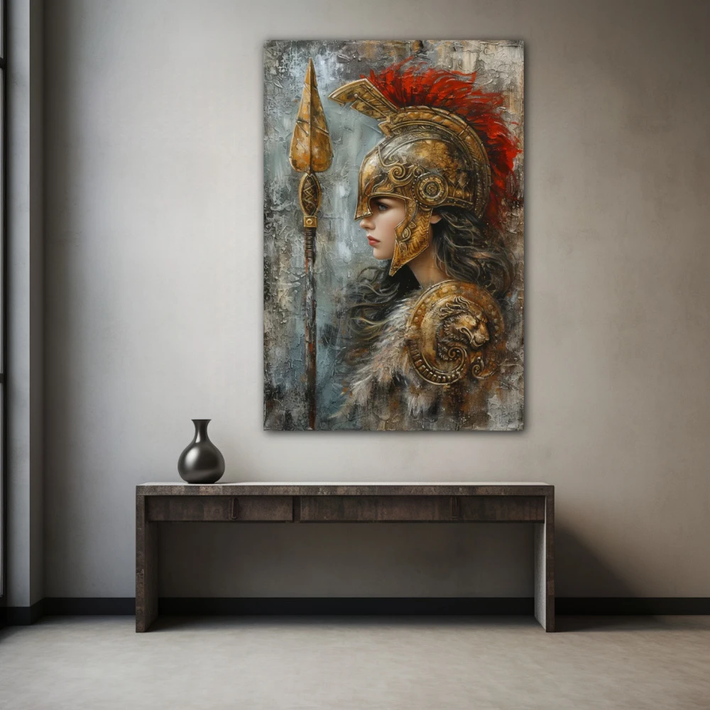 Wall Art titled: Steel and Elegance in a Vertical format with: Golden, Grey, and Red Colors; Decoration the Grey Walls wall