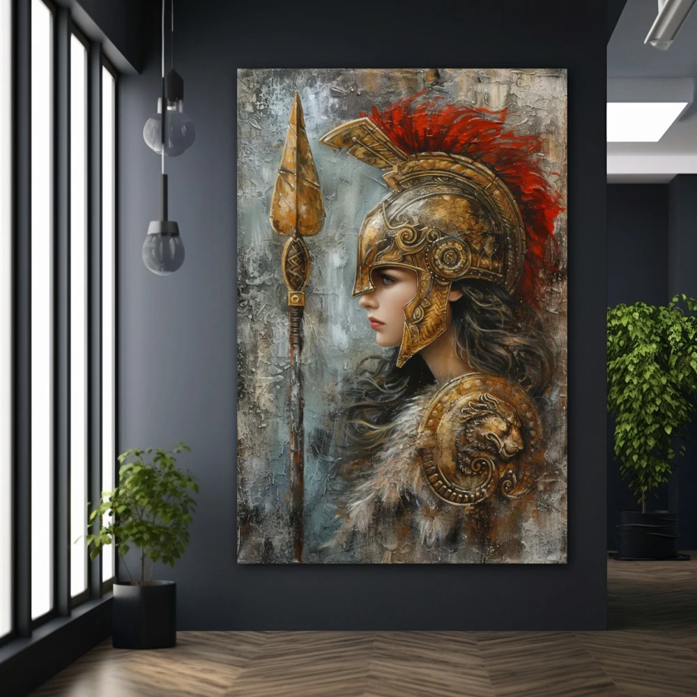 Wall Art titled: Steel and Elegance in a Vertical format with: Golden, Grey, and Red Colors; Decoration the Black Walls wall