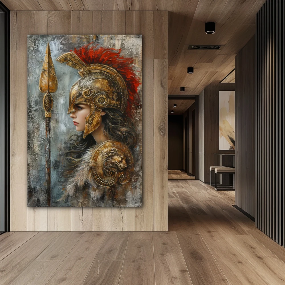 Wall Art titled: Steel and Elegance in a Vertical format with: Golden, Grey, and Red Colors; Decoration the Hallway wall