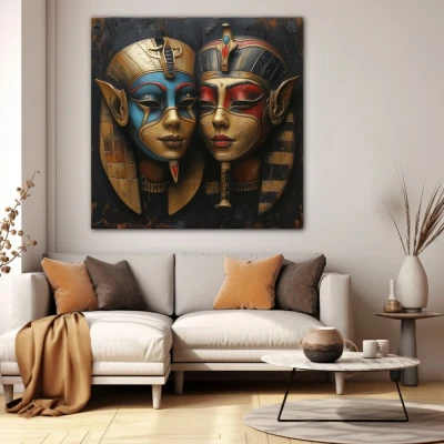 Wall Art titled: The Masks of Hathor in a  format with: Blue, Golden, and Red Colors; Decoration the White Wall wall