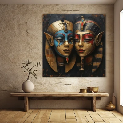 Wall Art titled: The Masks of Hathor in a  format with: Blue, Golden, and Red Colors; Decoration the Stone Walls wall