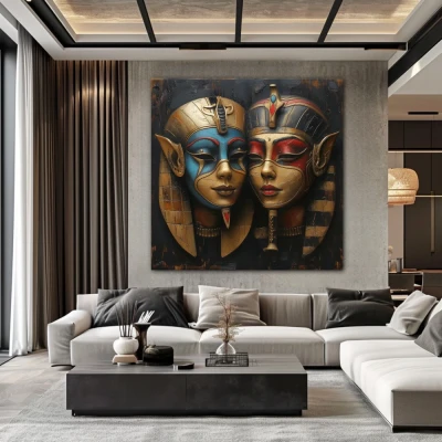 Wall Art titled: The Masks of Hathor in a  format with: Blue, Golden, and Red Colors; Decoration the Living Room wall