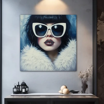 Cuadro miradas glaciares en formato cuadrado con colores azul, blanco; decorando pared gris