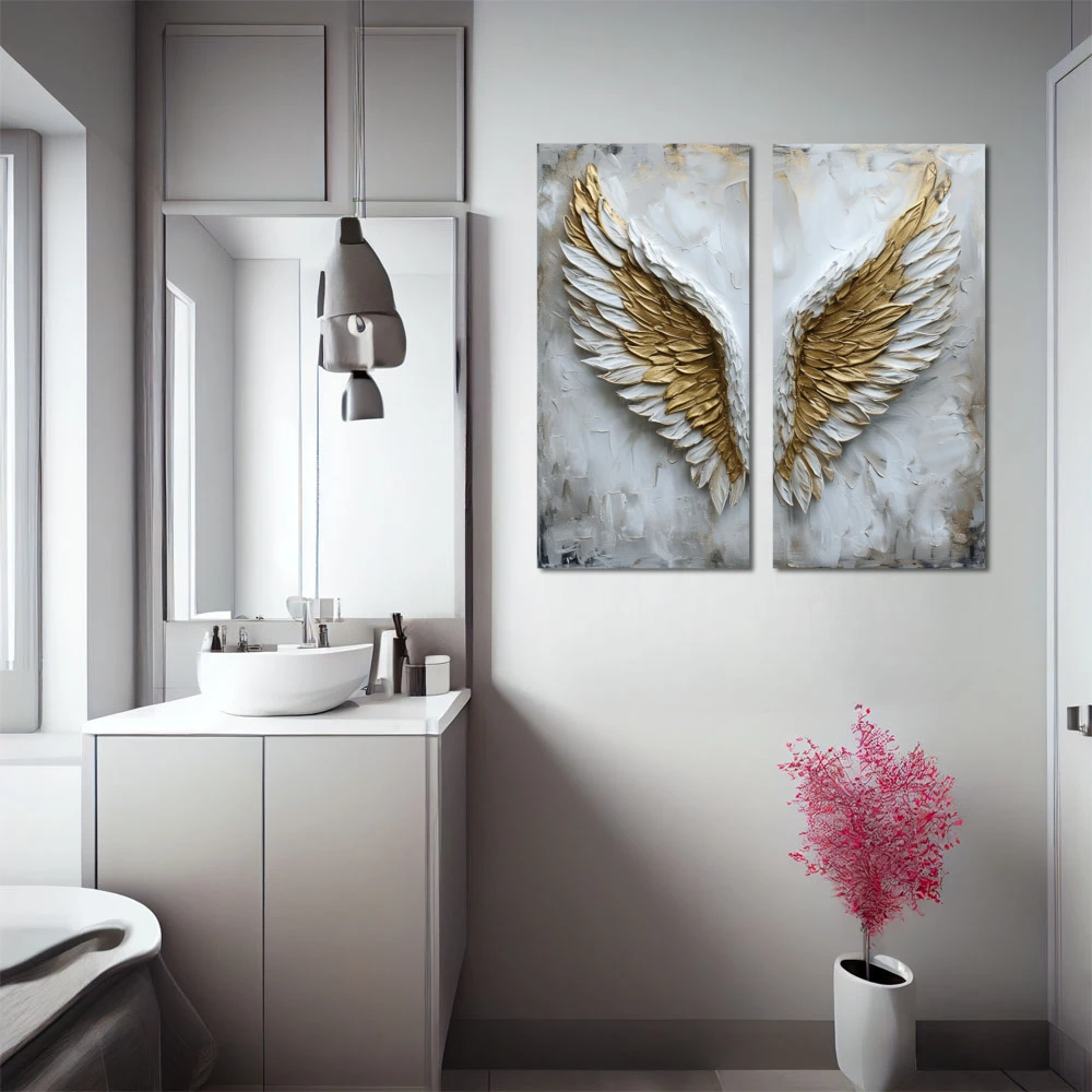 Cuadro aurum volatus en formato díptico con colores blanco, dorado; decorando pared de baño