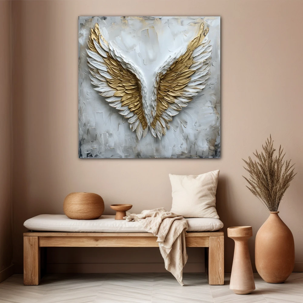 Cuadro aurum volatus en formato cuadrado con colores blanco, dorado; decorando pared beige