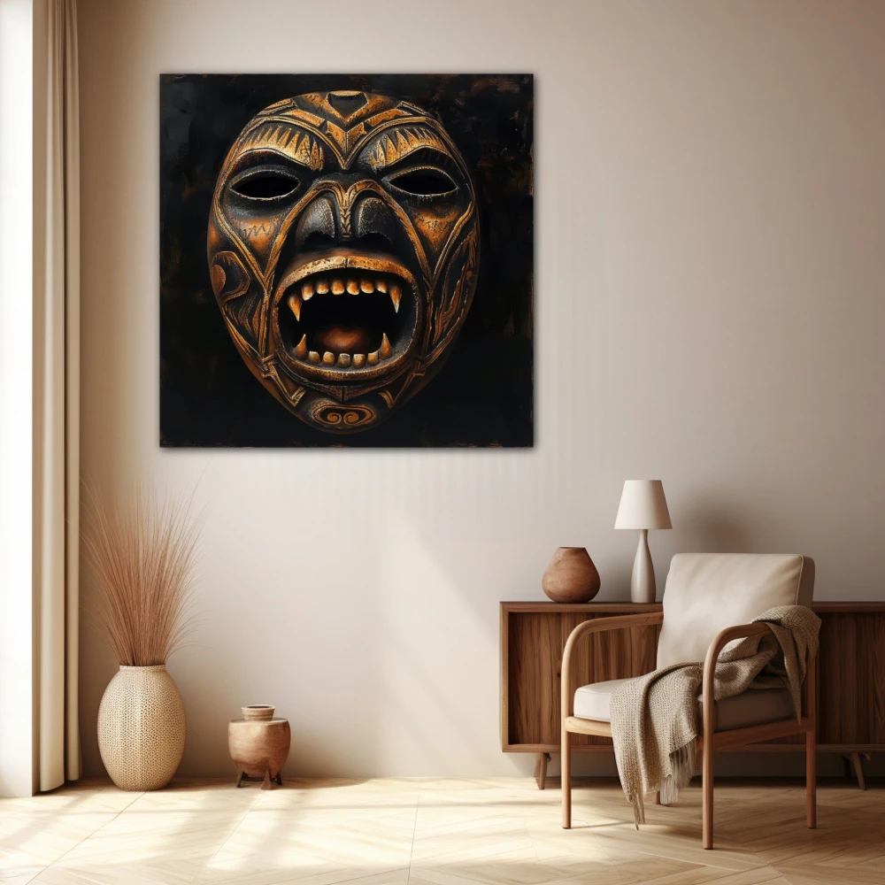 Cuadro grito del espíritu olvidado en formato cuadrado con colores marrón, monocromático; decorando pared beige