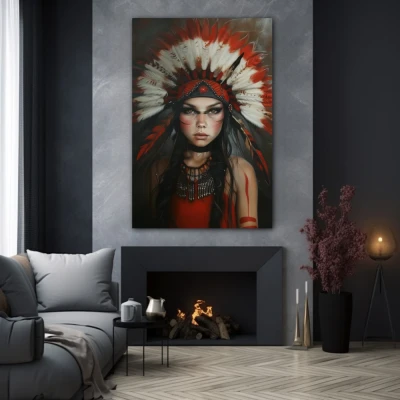 Wall Art titled: Guardian of Sacred Secrets in a Vertical format with: and Red Colors; Decoration the Grey Walls wall