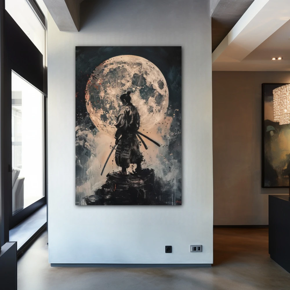 Cuadro luna de sangre samurai en formato vertical con colores gris, monocromático; decorando pared de entrada y recibidor