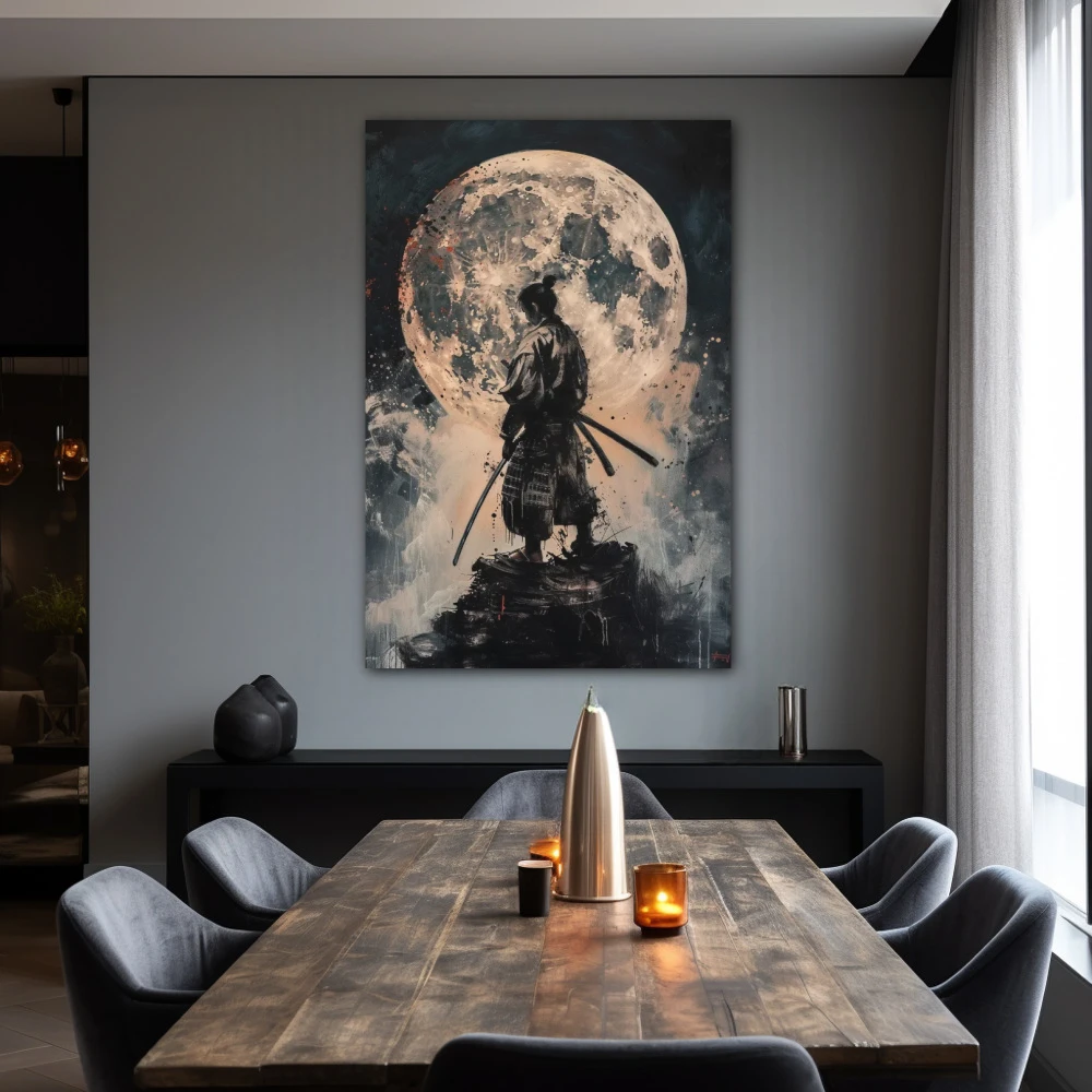 Cuadro luna de sangre samurai en formato vertical con colores gris, monocromático; decorando pared de salón comedor