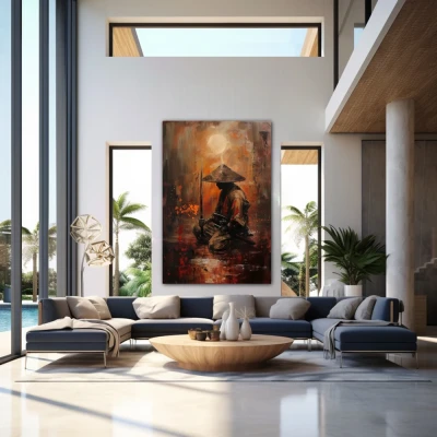 Wall Art titled: Quintessence of a Samurai in a Vertical format with: Brown, Orange, and Red Colors; Decoration the Above Couch wall