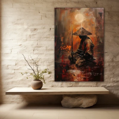 Wall Art titled: Quintessence of a Samurai in a Vertical format with: Brown, Orange, and Red Colors; Decoration the Stone Walls wall