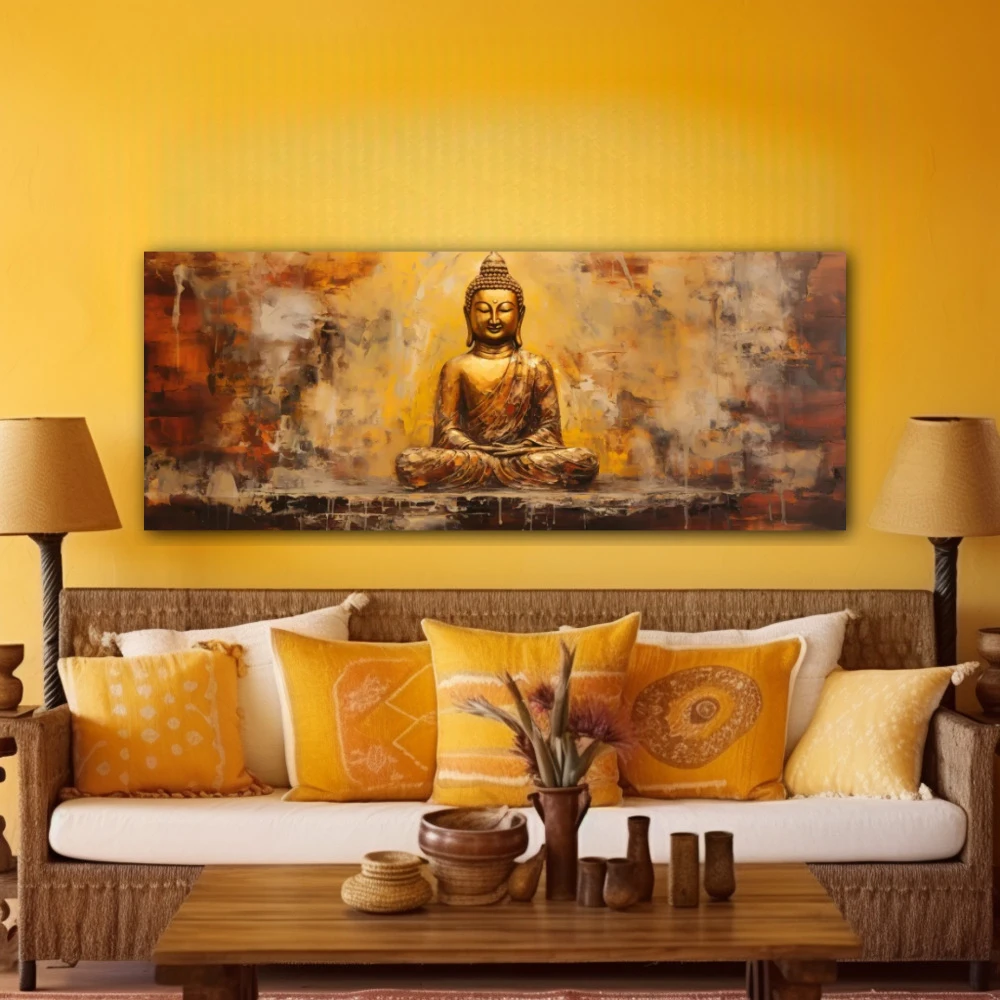 Wall Art titled: Peace and Harmony in a Elongated format with: Golden, and Brown Colors; Decoration the Yellow Walls wall