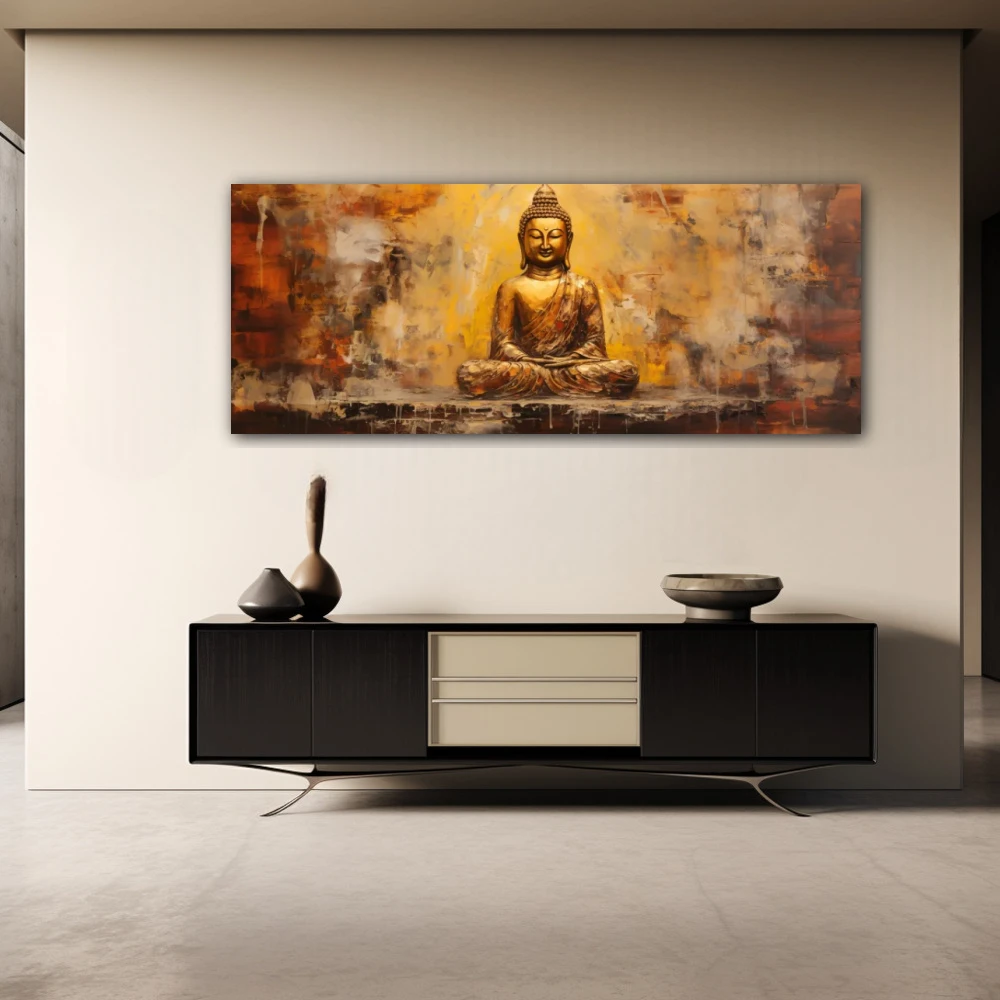 Wall Art titled: Peace and Harmony in a Elongated format with: Golden, and Brown Colors; Decoration the Sideboard wall