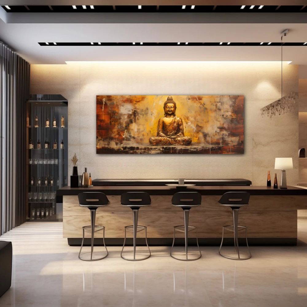 Wall Art titled: Peace and Harmony in a Elongated format with: Golden, and Brown Colors; Decoration the Bar wall