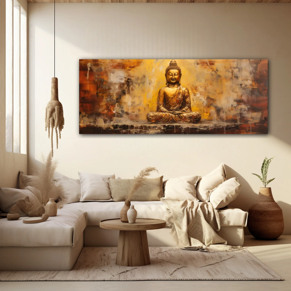 Wall Art titled: Peace and Harmony in a Elongated format with: Golden, and Brown Colors; Decoration the Beige Wall wall