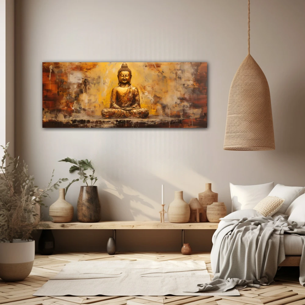 Wall Art titled: Peace and Harmony in a Elongated format with: Golden, and Brown Colors; Decoration the Beige Wall wall