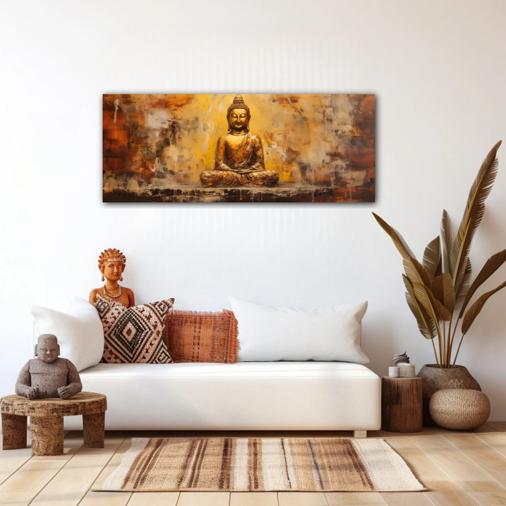 Wall Art titled: Peace and Harmony in a Elongated format with: Golden, and Brown Colors; Decoration the White Wall wall