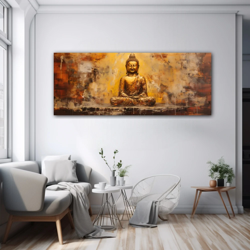 Wall Art titled: Peace and Harmony in a Elongated format with: Golden, and Brown Colors; Decoration the White Wall wall