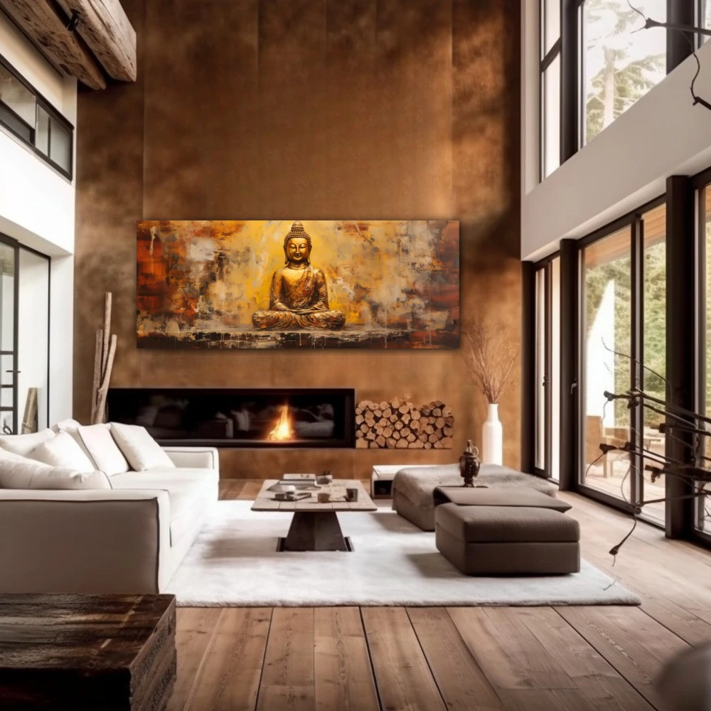 Wall Art titled: Peace and Harmony in a Elongated format with: Golden, and Brown Colors; Decoration the Fireplace wall