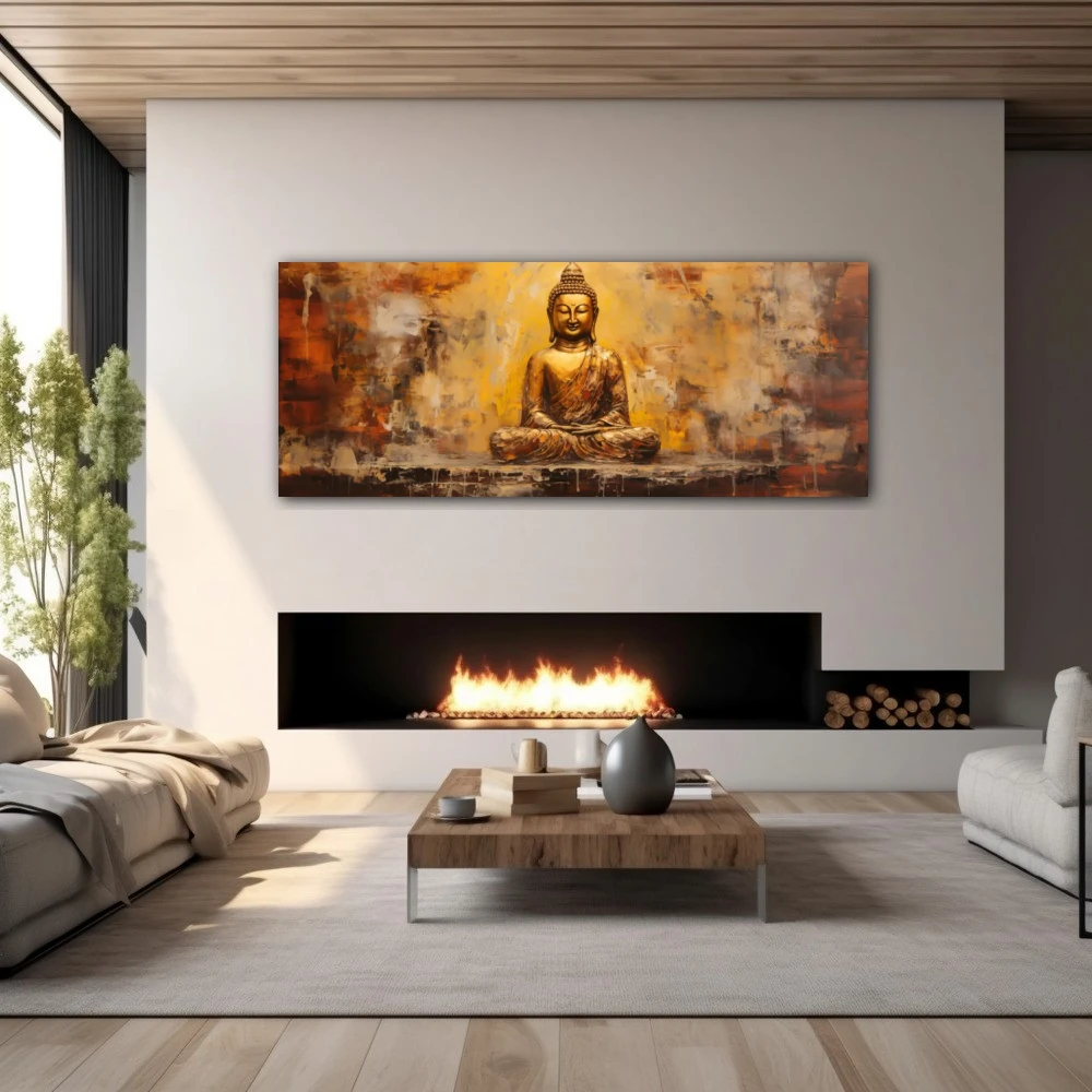 Wall Art titled: Peace and Harmony in a Elongated format with: Golden, and Brown Colors; Decoration the Fireplace wall