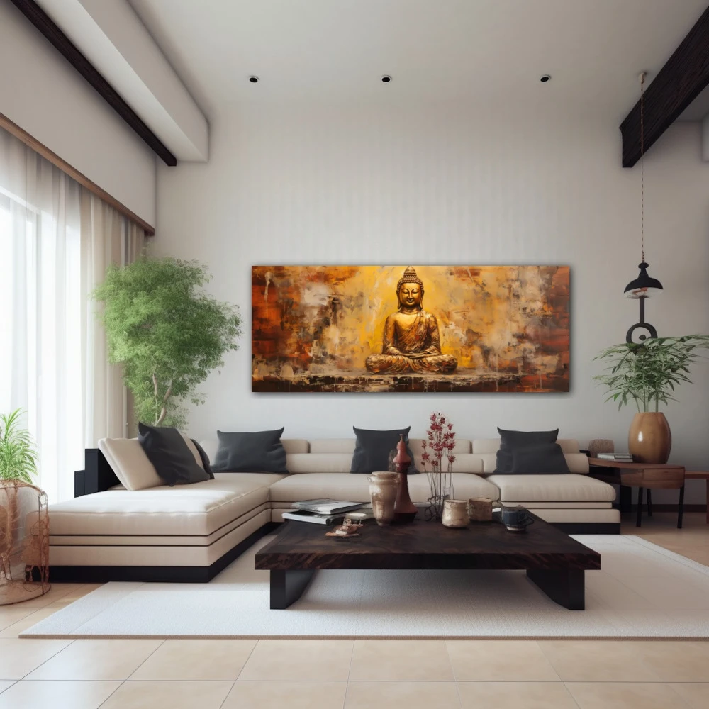 Wall Art titled: Peace and Harmony in a Elongated format with: Golden, and Brown Colors; Decoration the Above Couch wall