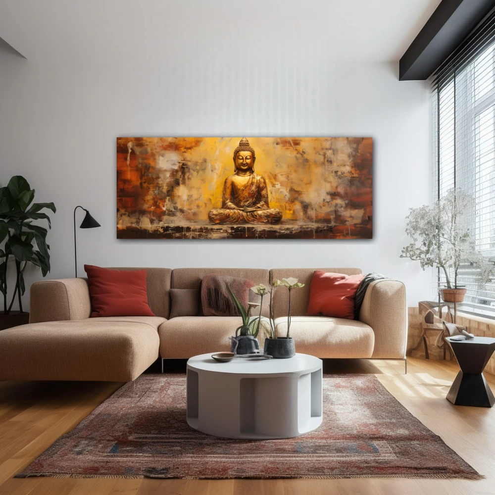 Wall Art titled: Peace and Harmony in a Elongated format with: Golden, and Brown Colors; Decoration the Above Couch wall