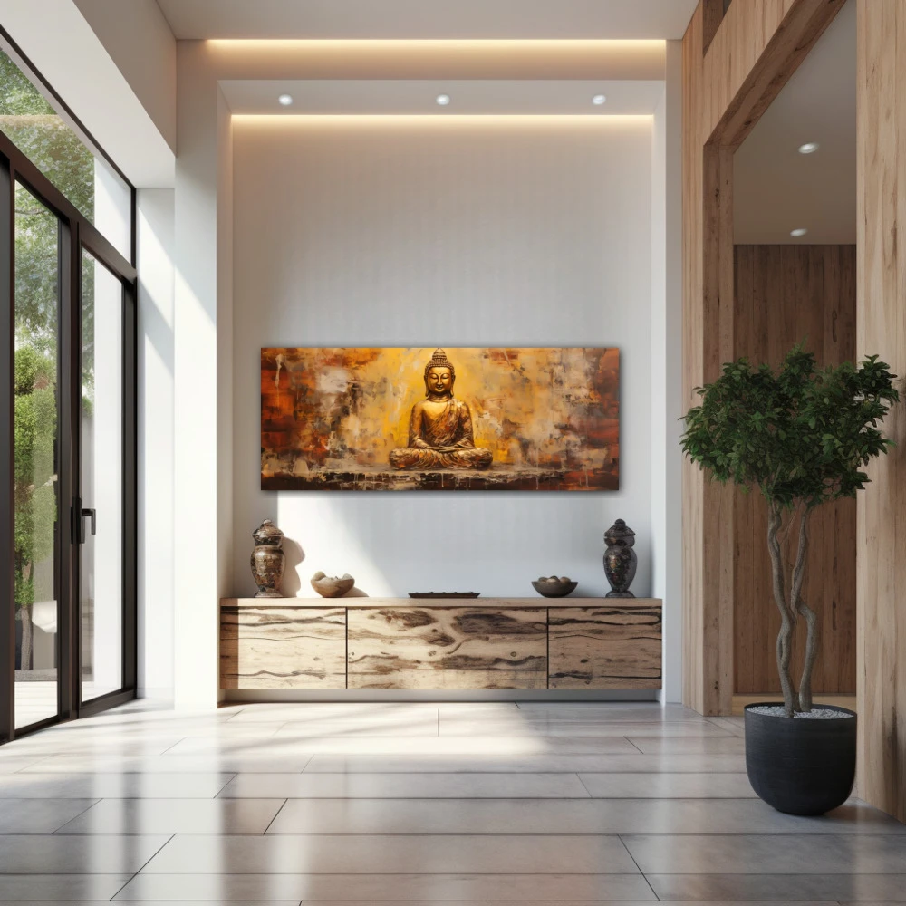 Wall Art titled: Peace and Harmony in a Elongated format with: Golden, and Brown Colors; Decoration the Entryway wall