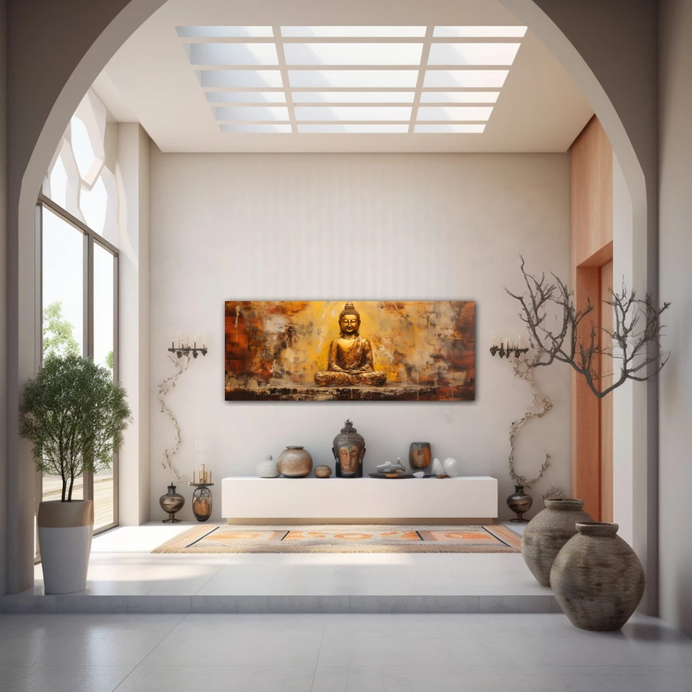 Wall Art titled: Peace and Harmony in a Elongated format with: Golden, and Brown Colors; Decoration the Entryway wall