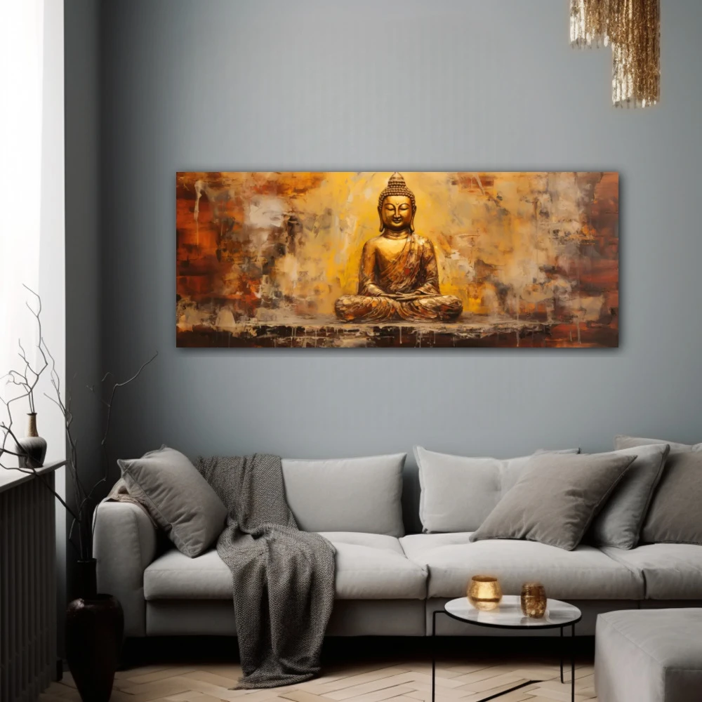 Wall Art titled: Peace and Harmony in a Elongated format with: Golden, and Brown Colors; Decoration the Grey Walls wall