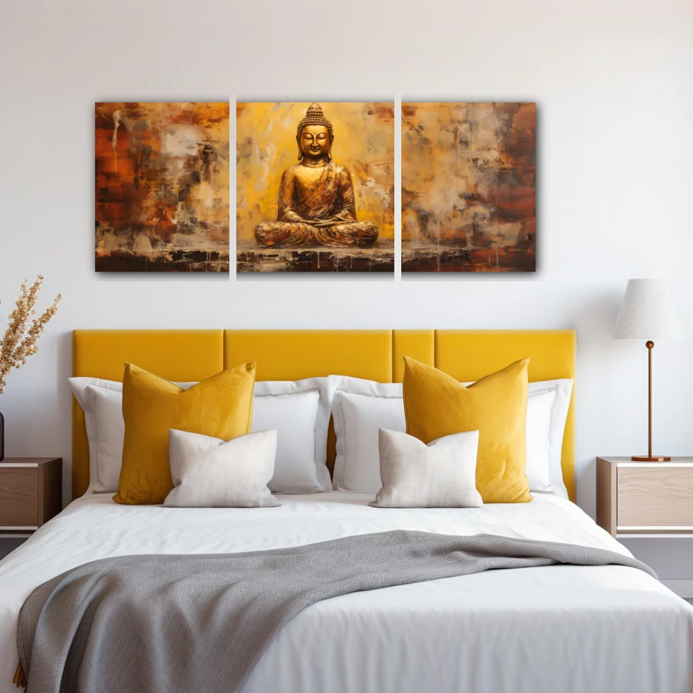 Wall Art titled: Peace and Harmony in a Elongated format with: Golden, and Brown Colors; Decoration the Bedroom wall