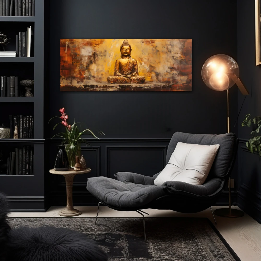 Wall Art titled: Peace and Harmony in a Elongated format with: Golden, and Brown Colors; Decoration the Black Walls wall