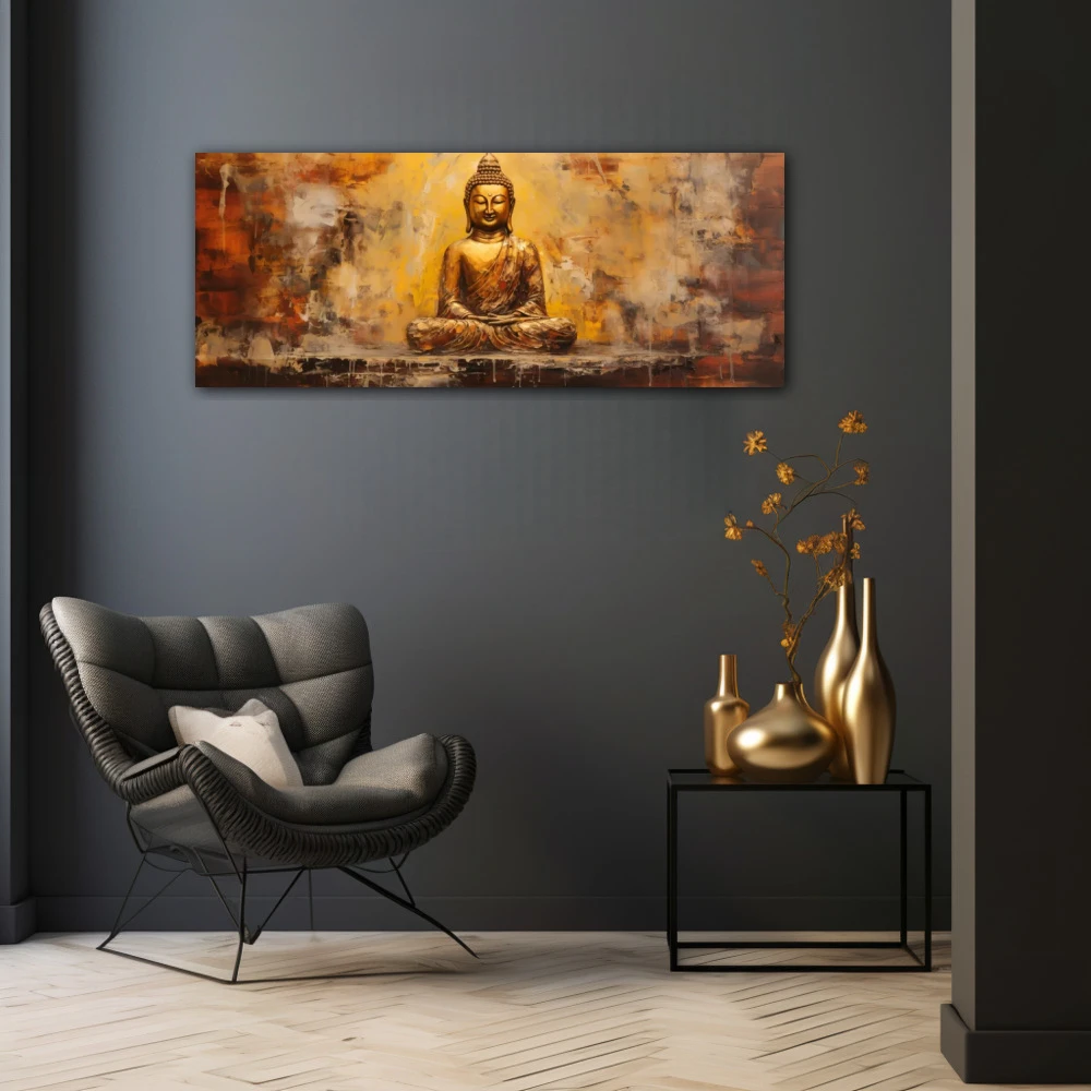 Wall Art titled: Peace and Harmony in a Elongated format with: Golden, and Brown Colors; Decoration the Black Walls wall