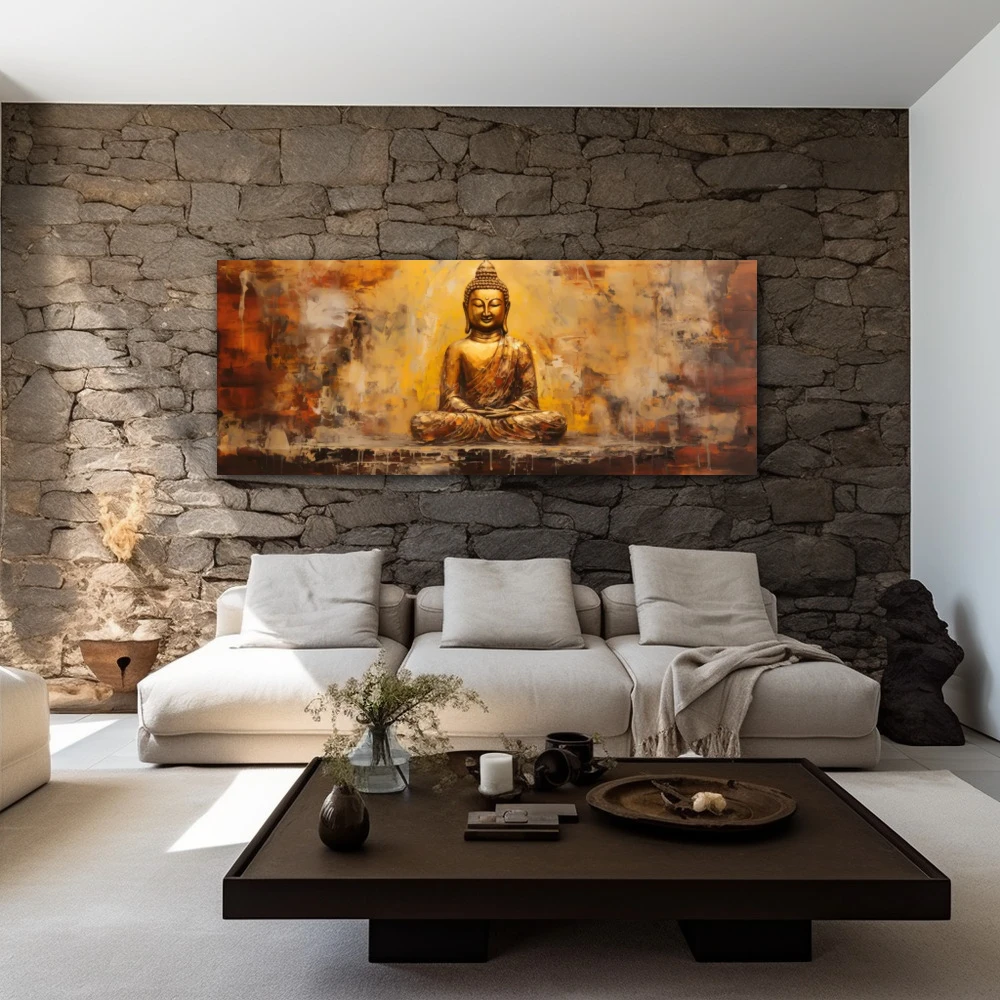 Wall Art titled: Peace and Harmony in a Elongated format with: Golden, and Brown Colors; Decoration the Stone Walls wall