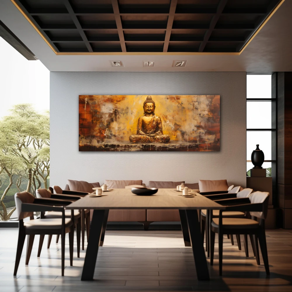 Wall Art titled: Peace and Harmony in a Elongated format with: Golden, and Brown Colors; Decoration the Restaurant wall