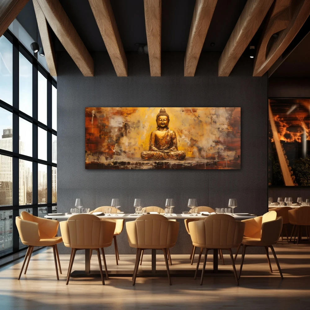 Wall Art titled: Peace and Harmony in a Elongated format with: Golden, and Brown Colors; Decoration the Restaurant wall