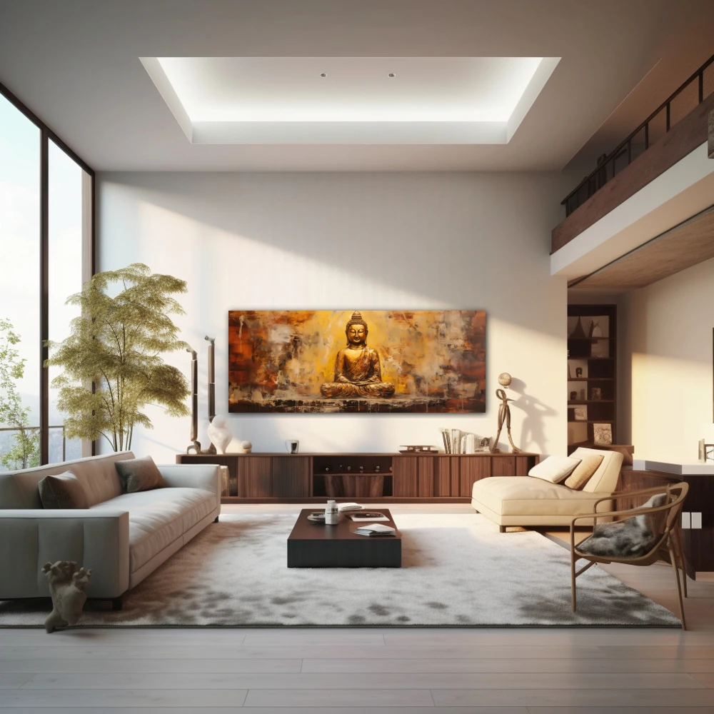 Wall Art titled: Peace and Harmony in a Elongated format with: Golden, and Brown Colors; Decoration the Living Room wall