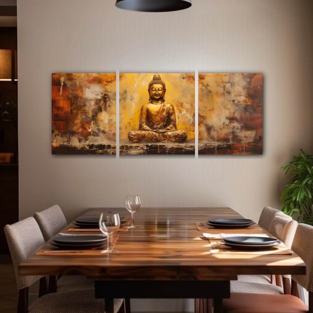 Wall Art titled: Peace and Harmony in a Elongated format with: Golden, and Brown Colors; Decoration the Living Room wall