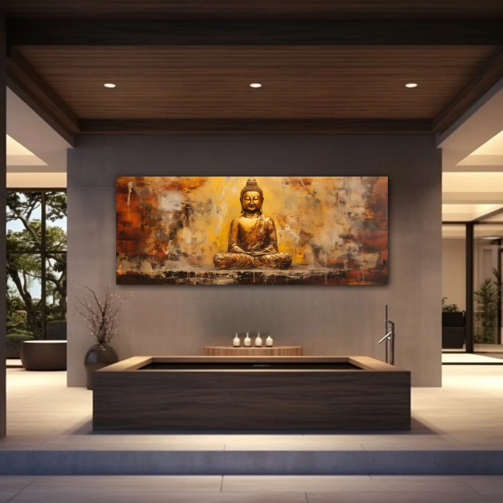 Wall Art titled: Peace and Harmony in a Elongated format with: Golden, and Brown Colors; Decoration the Wellbeing wall