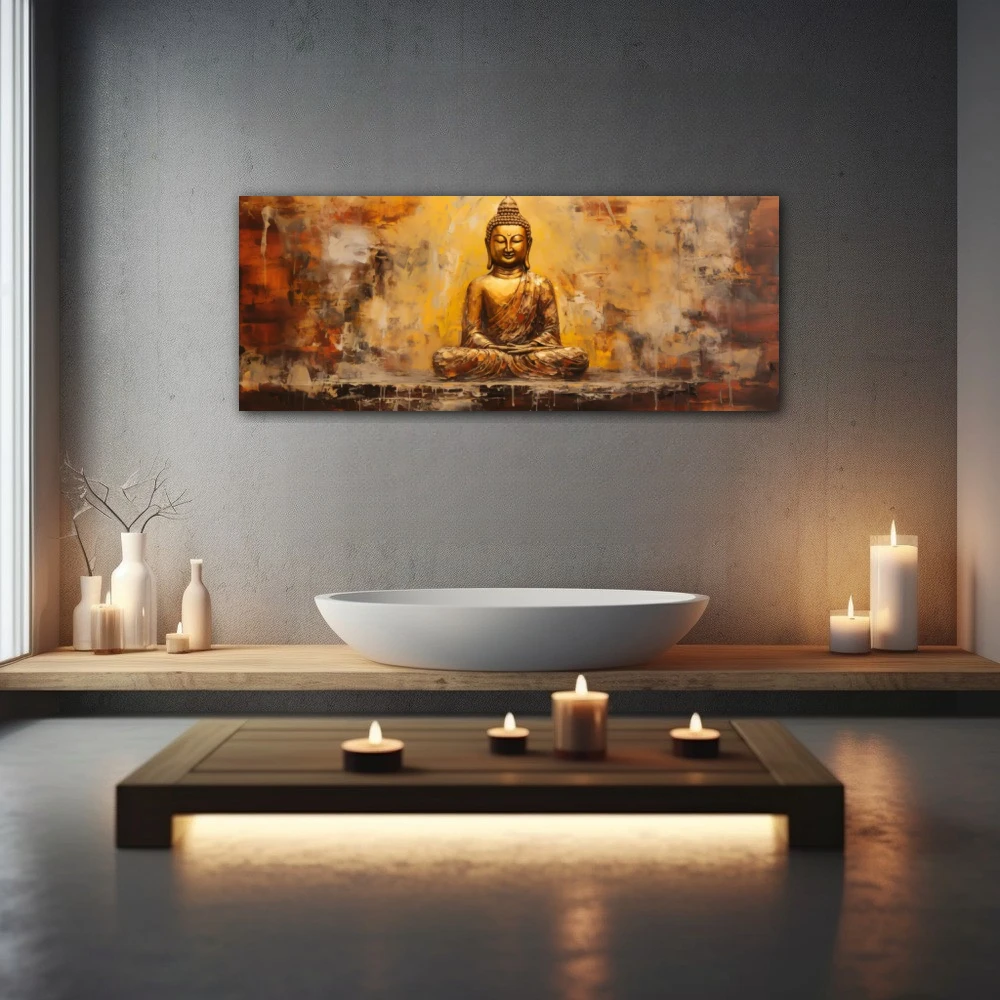 Wall Art titled: Peace and Harmony in a Elongated format with: Golden, and Brown Colors; Decoration the Wellbeing wall