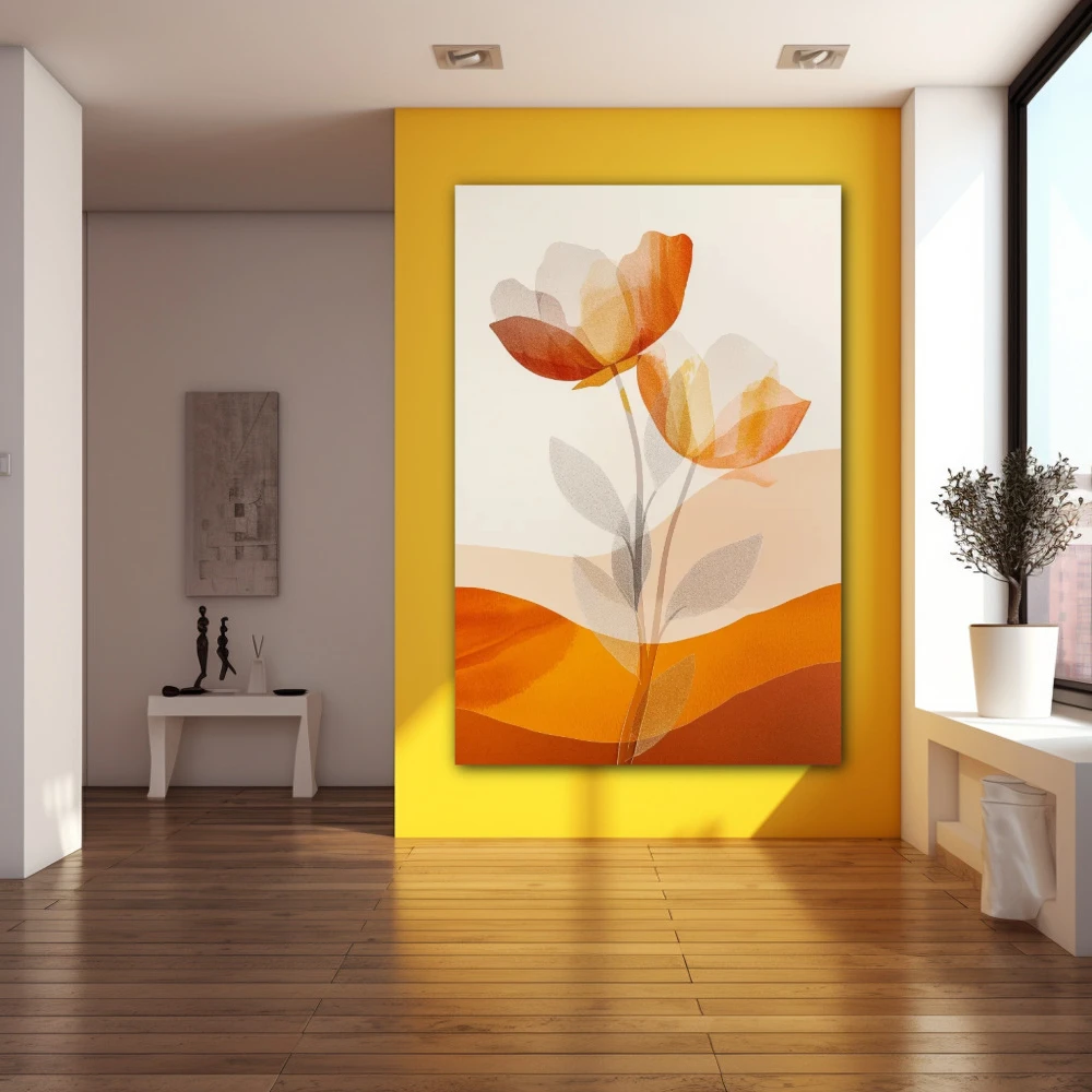 Cuadro auroras florales en formato vertical con colores naranja, monocromático; decorando pared amarilla